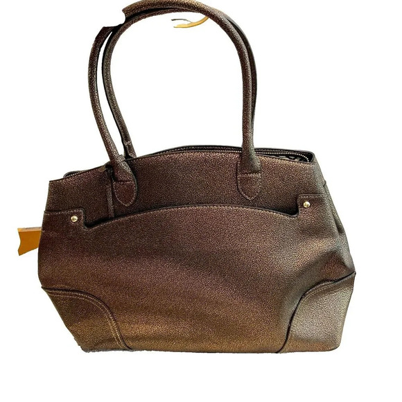 London Fog Handbags - London Fog Tote Metallic Brown Leather Satchel Handbag Zip Double Handle Large